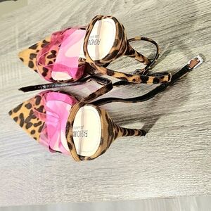 Fashion Nova Leopard Print Pointed Toe Heels with Pink Straps